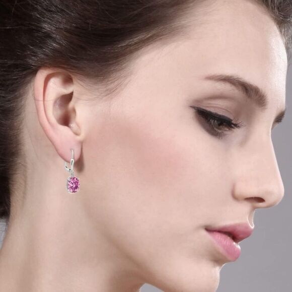 925 Sterling Silver with 4.00 Cttw Pink Moissanite Oval Leverback Hook Earrings - Picture 3 of 4